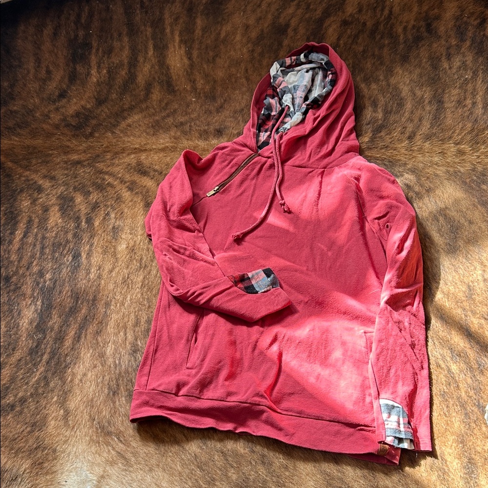 AMPERSAND AVE Red Hoodie with Plaid Accents